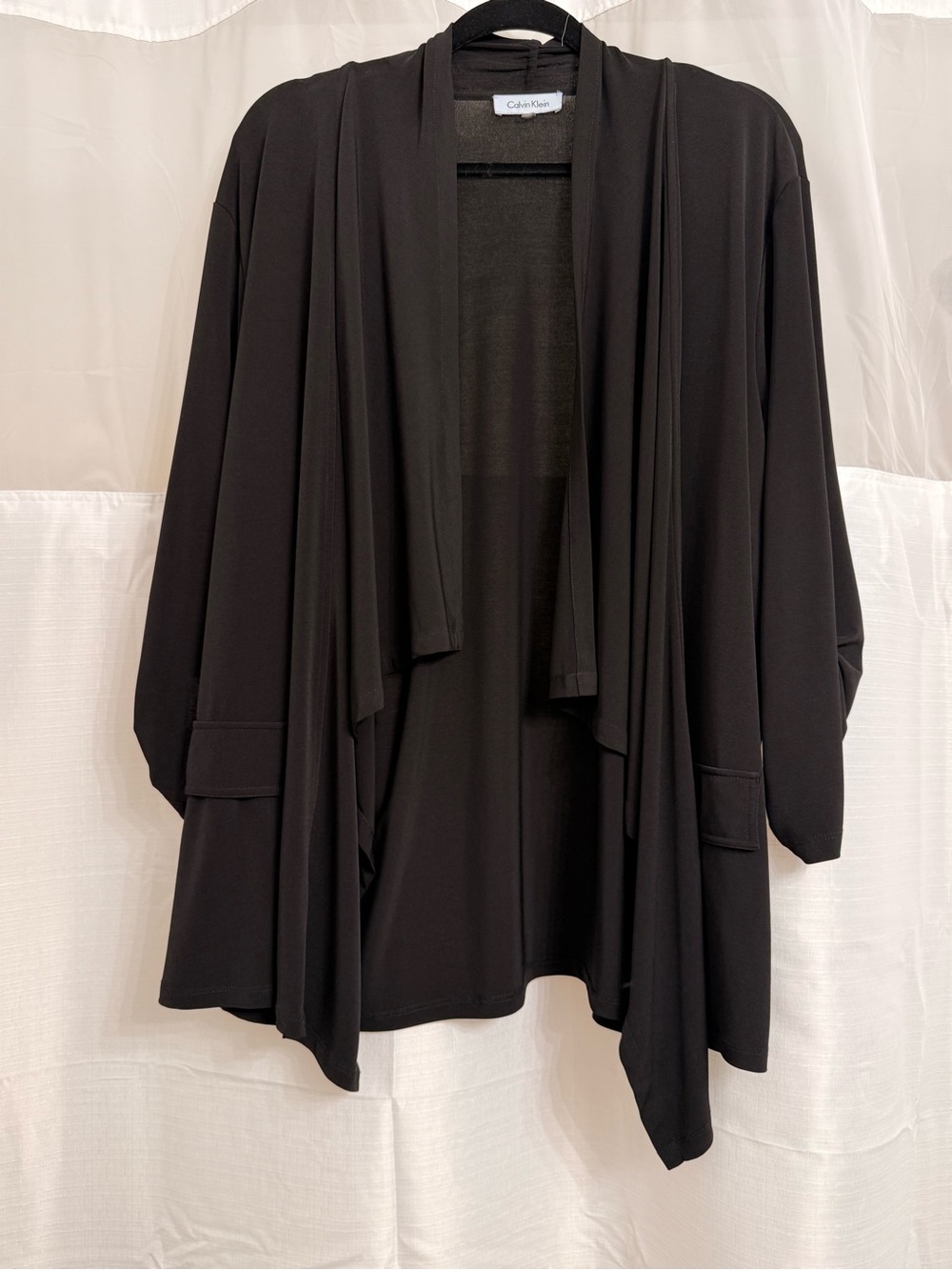 Calvin Klein Black Draped Open Front Cardigan Jacket Roll Tab Sleeve 1X